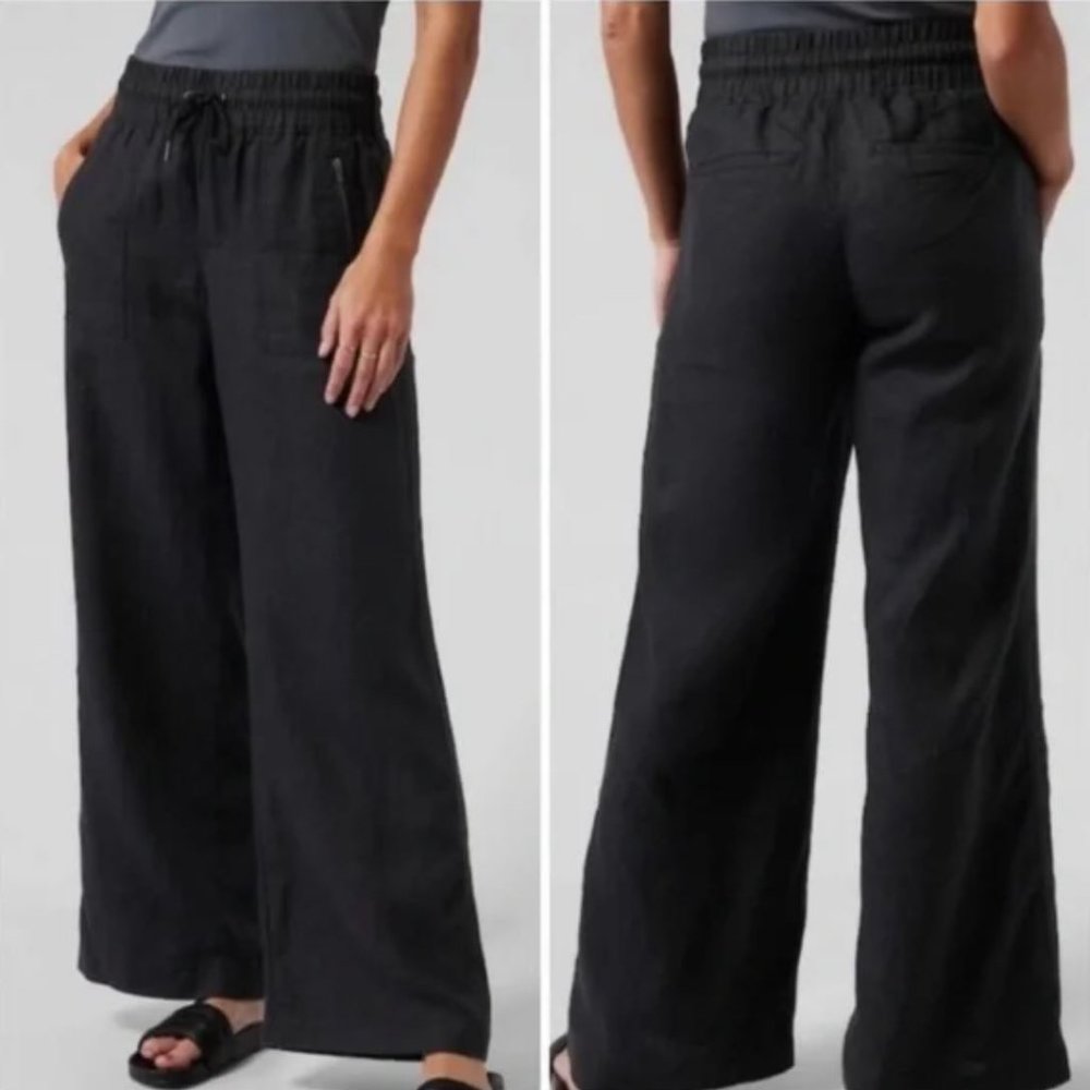 ATHLETA Cabo Linen Wide Leg Pants Womens Size 4 Black Pull On Zipper Pockets